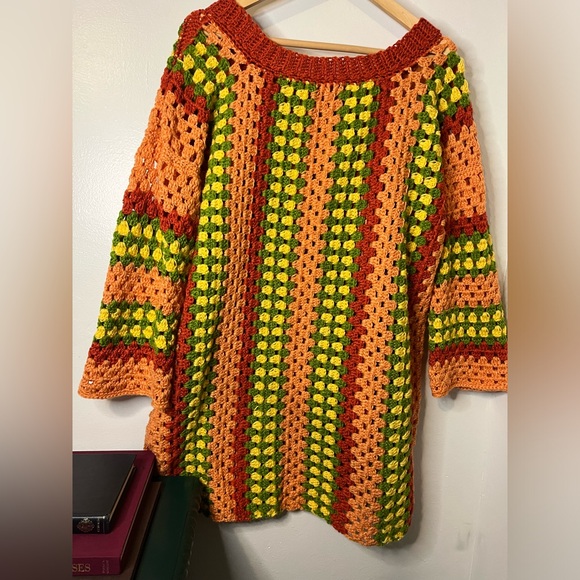 Handmade Crocheted Vintage 1970s Hippie Boho Afghan Blanket Tunic Sweater - Picture 6 of 6